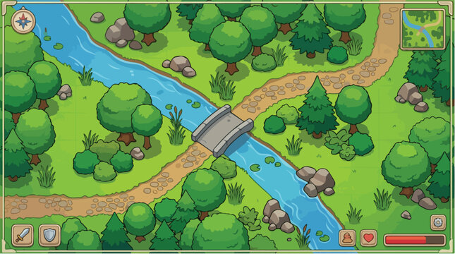 Isometric fantasy game map vector, cartoon forest landscape with river and stone bridge, RPG adventure world background with UI elements