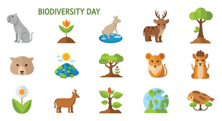 Fototapeta premium Biodiversity Day vector icon set, flat wildlife and nature elements for conservation, 15 environmental sustainability symbols for ecology