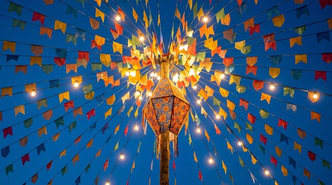 Traditional Festa Junina Celebration in a Historic Brazilian Town Square at Twilight