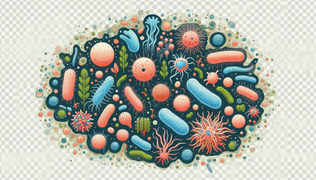 Vibrant Microbiome Ecosystem Illustration. Diverse Population of Bacteria, Microbes, and Viruses. Conceptual Scientific Diagram.