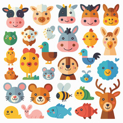 Fototapeta premium Cute Farm and Cartoon Animal Flat Vector Collection