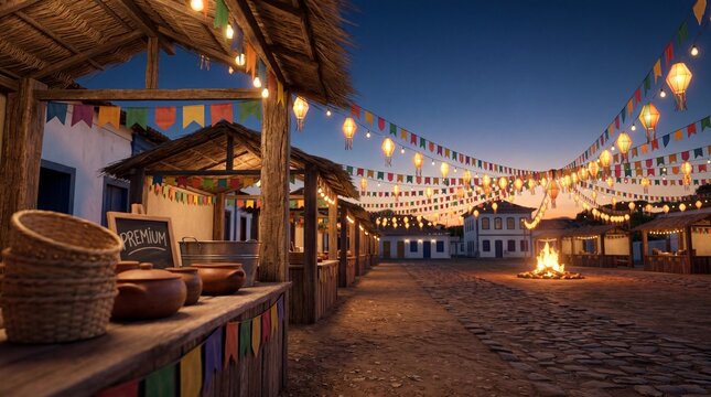 Traditional Brazilian Festa Junina celebration at night with decorated wooden stalls and a large bonfire