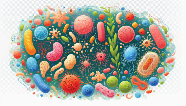 Vibrant Microbiome Ecosystem Illustration: Diverse Colorful Bacteria, Germs, and Microorganisms Cluster on Transparent Background