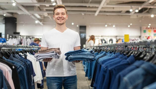 Man standing between clothing racks holding jeans in a store