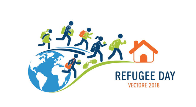 Refugee Day conceptual vector illustration, displaced people running from globe to home, global migration and humanitarian crisis awareness graphic