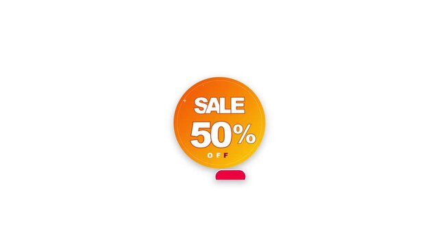 Animated 50 percent OFF promotion badge with bold red text orange gradient circle and sparkle effects on transparent background loop animation 4K