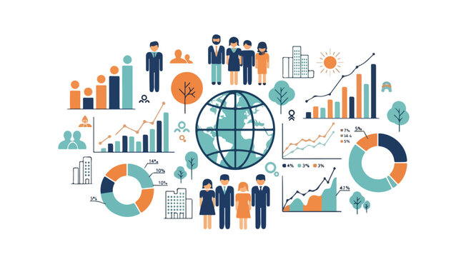 Global business data visualization vector, corporate infographic elements with world globe and people icons, financial growth charts and analytics