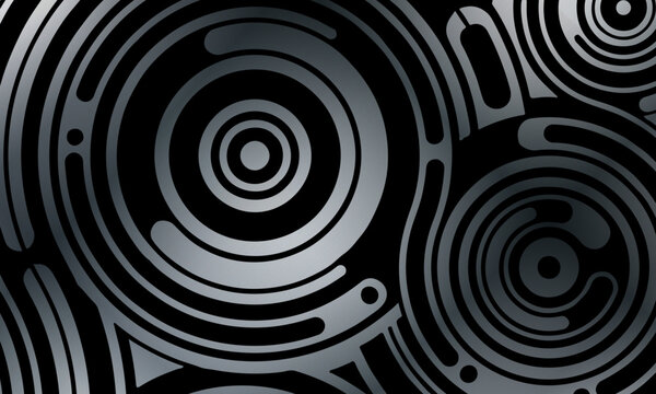 Abstract black and grey swirling patterns dominate the image. visual rhythm that feels energetic.