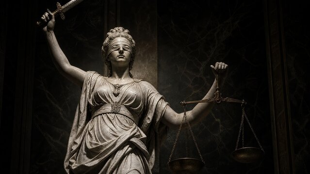 blindfold. A classical statue of Lady Justice with tilted scales and raised sword, dramatic lighting on dark marble. event programs.