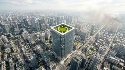 Fototapeta premium Aerial view of a modern skyscraper with a green rooftop garden in a city