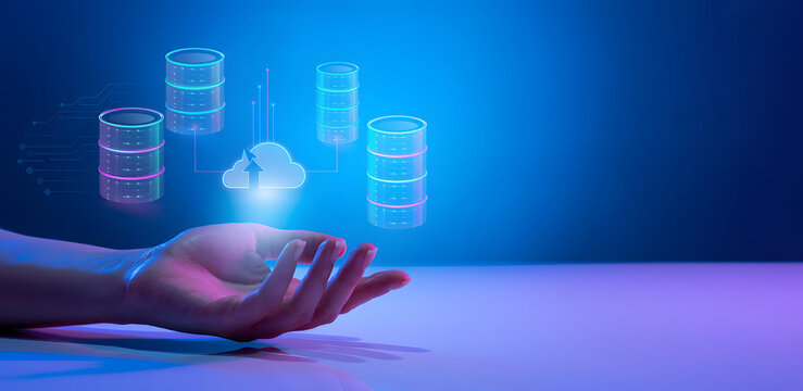 Glowing holographic cloud storage and database server icons hovering over open human hand on blue background