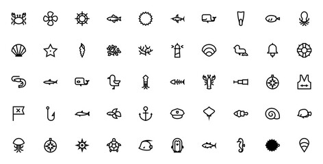 Sea life icon set. Marine vector icons pack. Minimalist line art. Includes symbols for crab, whale, fish, octopus, starfish, coral, lighthouse, anchor, shark, dolphin, turtle and more. Editable vector © wang