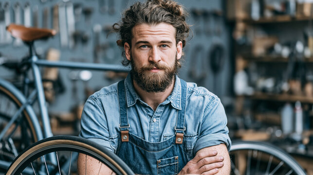 Portrait of a skilled bicycle mechanic with a beard and curly hair wearing denim overalls in his workshop, looking directly at the camera, with a bicycle in the foreground