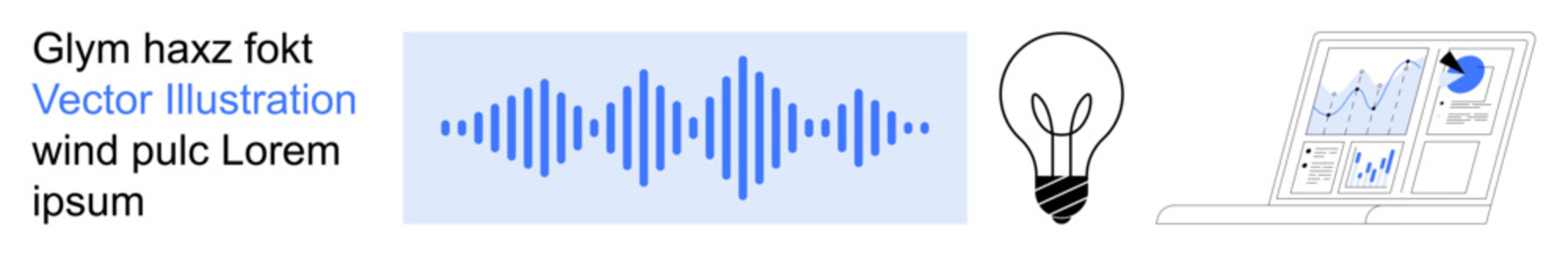 Innovation, creativity, technology, data analysis, business insights, and audio processing. Visual includes soundwave, lightbulb and laptop screen with charts. Creativity and technology concepts