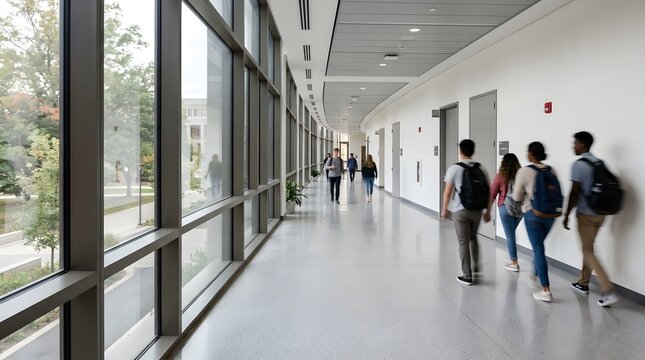 Modern University Building Hallway with Students