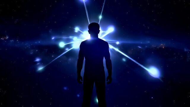 Silhouette facing cosmic network of lights, expanding neural patterns radiating from figure, stars and galaxy backdrop, abstract synapse formations suggesting consciousness, meditative