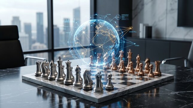 Strategic Global Business Planning Concept with Chess Board and Digital Hologram Globe in Modern Corporate Boardroom Office