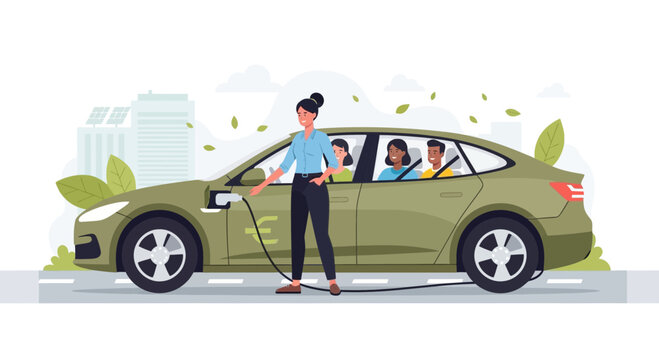 Electric car charging, family inside, eco-friendly transport, urban scene