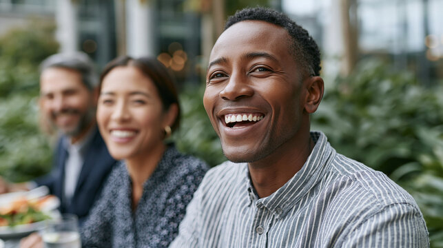 Diverse group of three smiling colleagues enjoying lunch together outdoors, a black man in the foreground laughing happily, blurred background suggesting a restaurant patio setting