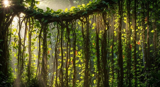 Lush tropical forest with hanging vines.