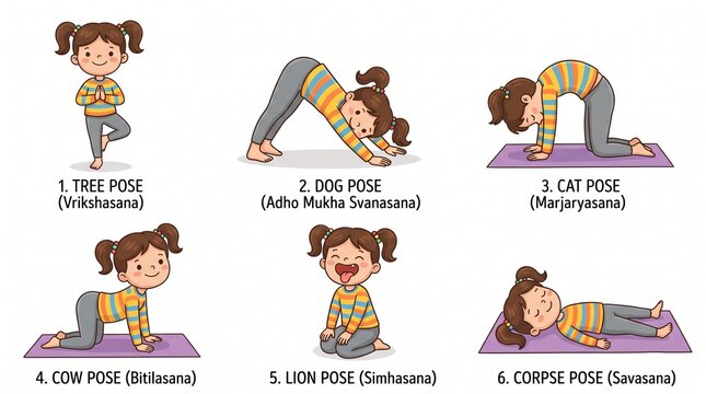 Vector illustration of a cute cartoon girl demonstrating six different yoga poses for kids, including Tree, Downward Dog, Cat, Cow, Lion, and Corpse pose with their Sanskrit names. Isolated on white b