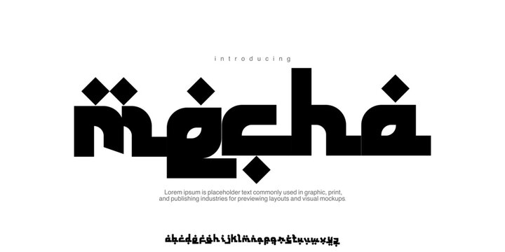 Mecha: A modern Arabic Kufic display. Square ethnic font for halal food branding, Ramadan posters, and Middle East logos.