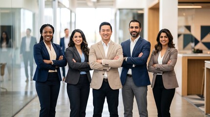 Obraz premium Five professionals stand confidently in a modern office hallway. They smile warmly, exuding teamwork and trust. Business attire suits all, from suits to blazers. The setting shows sleek glass