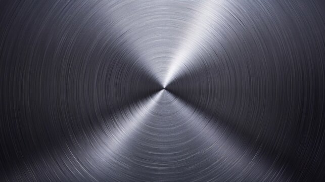 Minimalist top-down photograph of concentric brushed titanium metal plate, industrial radial texture pattern