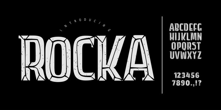 Rocka font typography: A stone carved display. Bold prehistoric font for gaming logos, adventure posters, and ancient history branding.
