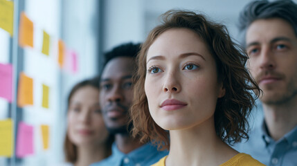 Obraz premium Diverse group of people looking forward with determination at sticky notes on a wall a focused woman in the foreground leading the way