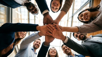 Naklejka premium Group of diverse professionals gather in a high-ceilinged office space. They form a unified hand stack, smiling broadly at the camera. Their joyful expressions convey teamwork and shared success
