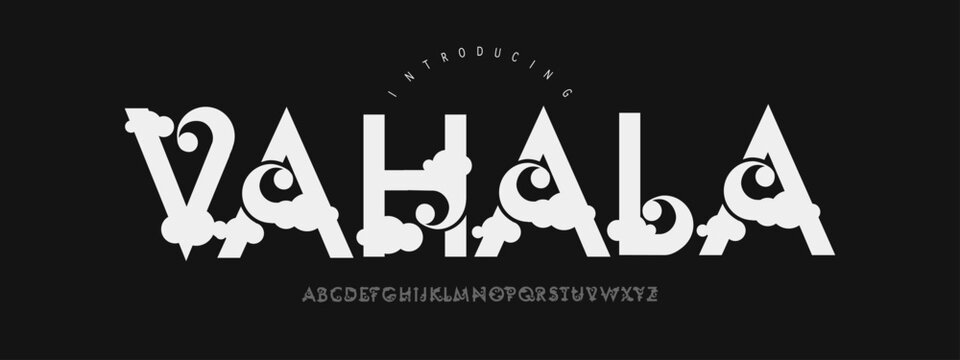 Vahala: A bold oriental display font. Decorative Chinese cloud swash typeface for cultural logos and festive packaging.