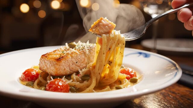 Steaming salmon pasta dish with fork perfect for cooking tutorials and recipe showcases