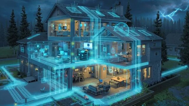 Futuristic smart home network visualization with digital data streams and lightning storm