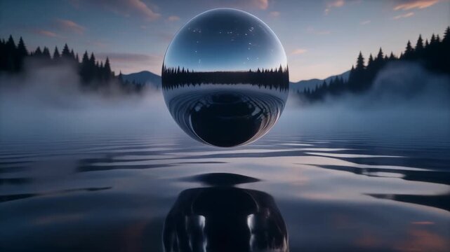 Reflective Sphere Levitating over Misty Lake at Dusk 4K Generative AI