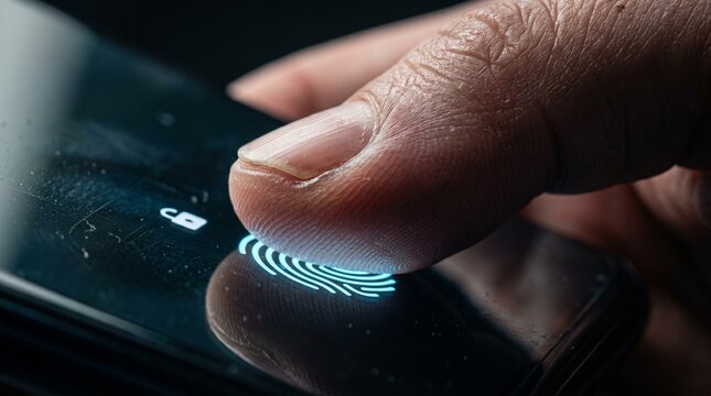 Fingerprint Authentication: A close-up shot captures a fingertip activating a biometric scanner on a smartphone screen, showcasing modern security and personal identification technology.