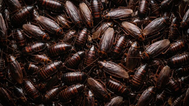 Dense colony of brown cockroaches swarming together in a dark environment creating a disturbing texture of overlapping insects and shiny exoskeletons