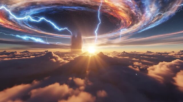 Lightning bolts striking from a swirling cosmic portal above clouds at sunset