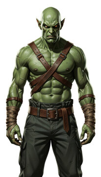 Green Orc Warrior Standing Muscular Fantasy Character Isolated on Transparent Background