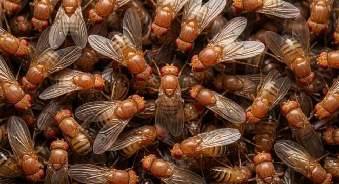 Dense cluster of fruit flies swarming together in high detail macro photography showing intricate wing patterns and compound eyes in a natural insect colony