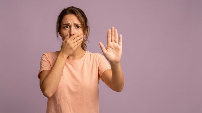 Woman covering mouth and holding up hand