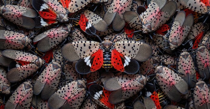 Dense cluster of spotted lanternflies featuring vibrant red underwings and intricate black patterns on translucent wings captured in a detailed macro shot