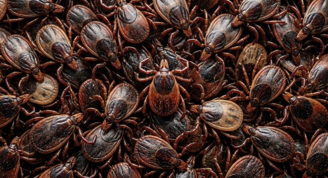 Dense cluster of parasitic brown dog ticks covering a dark surface macro view of multiple blood sucking arachnids showing detailed exoskeleton textures and legs