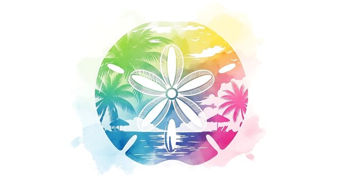 Abstract illustration of a sand dollar with palm trees and a rainbow watercolor background