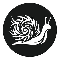 Stylized white snail with swirling shell on black circular background icon © Sunju