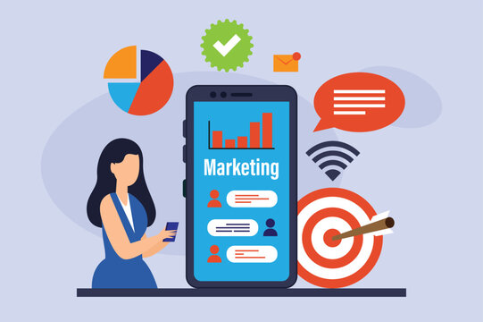 Mobile Marketing Concept with Businesswoman Using Smartphone for Digital Strategy and Target Analytics 2d flat vector illustration