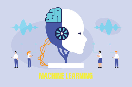 Machine Learning and Artificial Intelligence Concept with Cyborg Humanoid Robot Head and People Using Smartphones 2d flat vector illustration