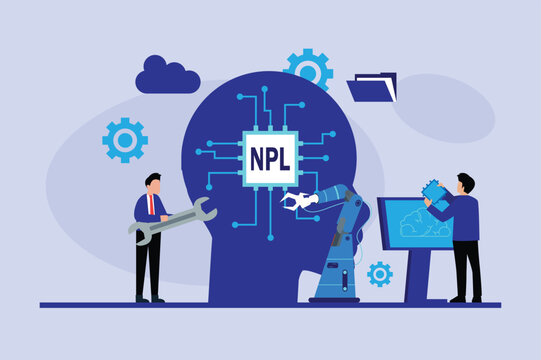 Natural Language Processing Concept with Engineers and Robotic Arm Configuring NPL Microchip inside Human Head Silhouette 2d flat vector illustration