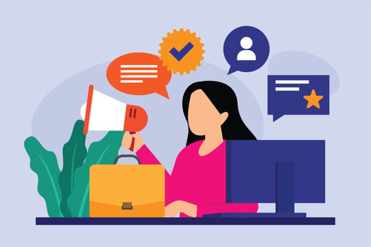 Public Relations and Digital Marketing Concept with Woman Holding Megaphone at Office Desk with Computer 2d flat vector illustration