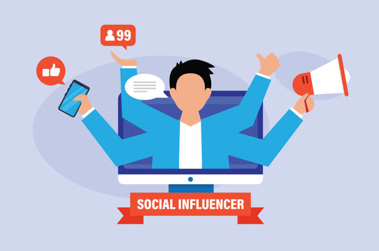 Social Media Influencer Concept with Multi-Armed Man on Computer Screen Holding Megaphone and Smartphone 2d flat vector illustration